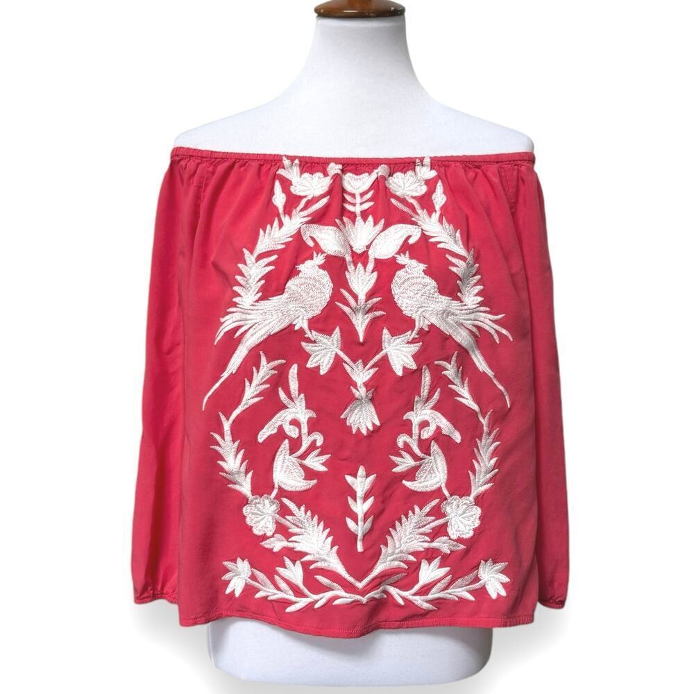 Solitaire Off-The-Shoulder Embroidered Peasant Top Coral White Women’s Medium - Picture 1 of 10